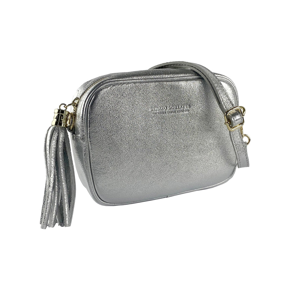 RB1007AW | Tracollina Donna in Vera Pelle Made in Italy.Tracolla removibile. Attacchi con moschettoni in metallo Oro Lucido - Colore Argento - Dimensioni: cm 20 x 15 x 7-0