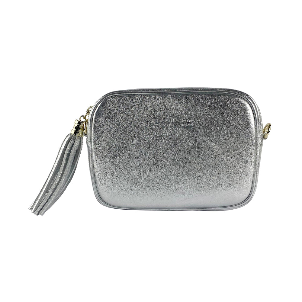 RB1007AW | Tracollina Donna in Vera Pelle Made in Italy.Tracolla removibile. Attacchi con moschettoni in metallo Oro Lucido - Colore Argento - Dimensioni: cm 20 x 15 x 7-1
