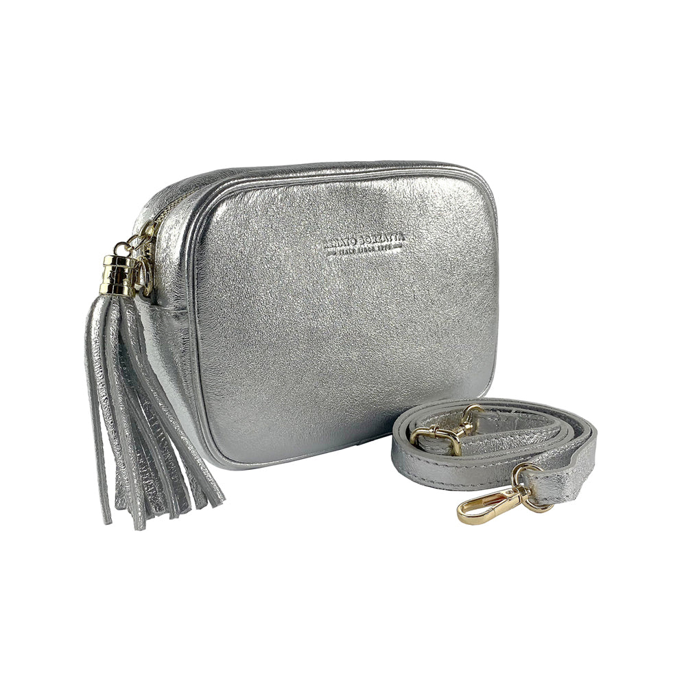 RB1007AW | Tracollina Donna in Vera Pelle Made in Italy.Tracolla removibile. Attacchi con moschettoni in metallo Oro Lucido - Colore Argento - Dimensioni: cm 20 x 15 x 7-2