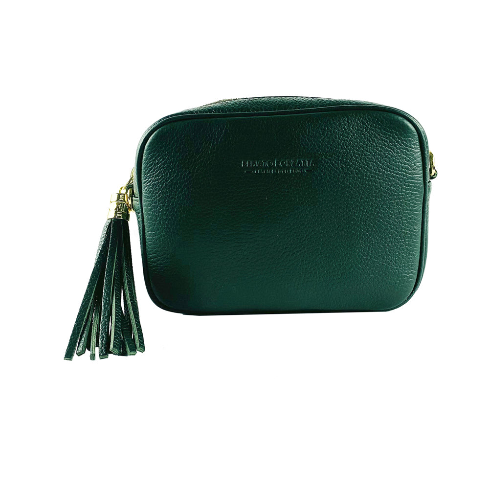 RB1007E | Tracollina Donna in Vera Pelle Made in Italy.Tracolla removibile. Attacchi con moschettoni in metallo Oro Lucido - Colore Verde - Dimensioni: cm 20 x 15 x 7-1