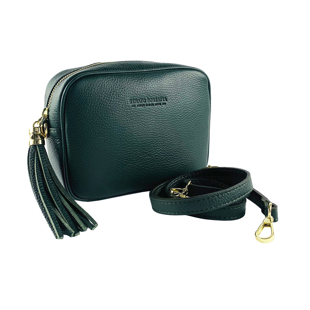 RB1007E | Tracollina Donna in Vera Pelle Made in Italy.Tracolla removibile. Attacchi con moschettoni in metallo Oro Lucido - Colore Verde - Dimensioni: cm 20 x 15 x 7-2