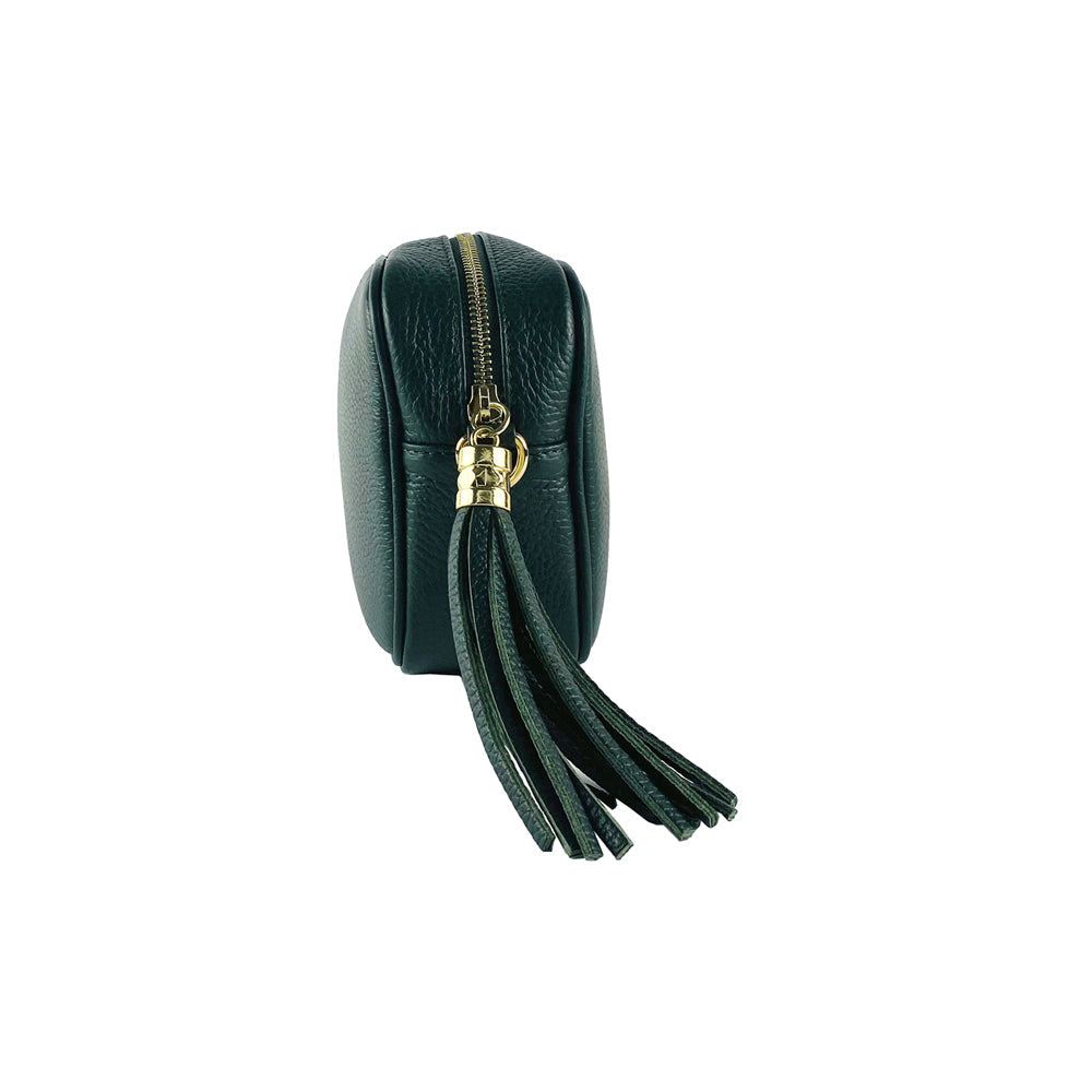 RB1007E | Tracollina Donna in Vera Pelle Made in Italy.Tracolla removibile. Attacchi con moschettoni in metallo Oro Lucido - Colore Verde - Dimensioni: cm 20 x 15 x 7-4