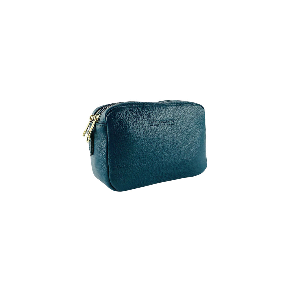 RB1008E | Tracollina Donna Doppia Lampo in Vera Pelle Made in Italy. Tracolla removibile. Attacchi con moschettoni in metallo Oro Lucido - Colore Verde - Dimensioni: cm 20 x 15 x 9-4