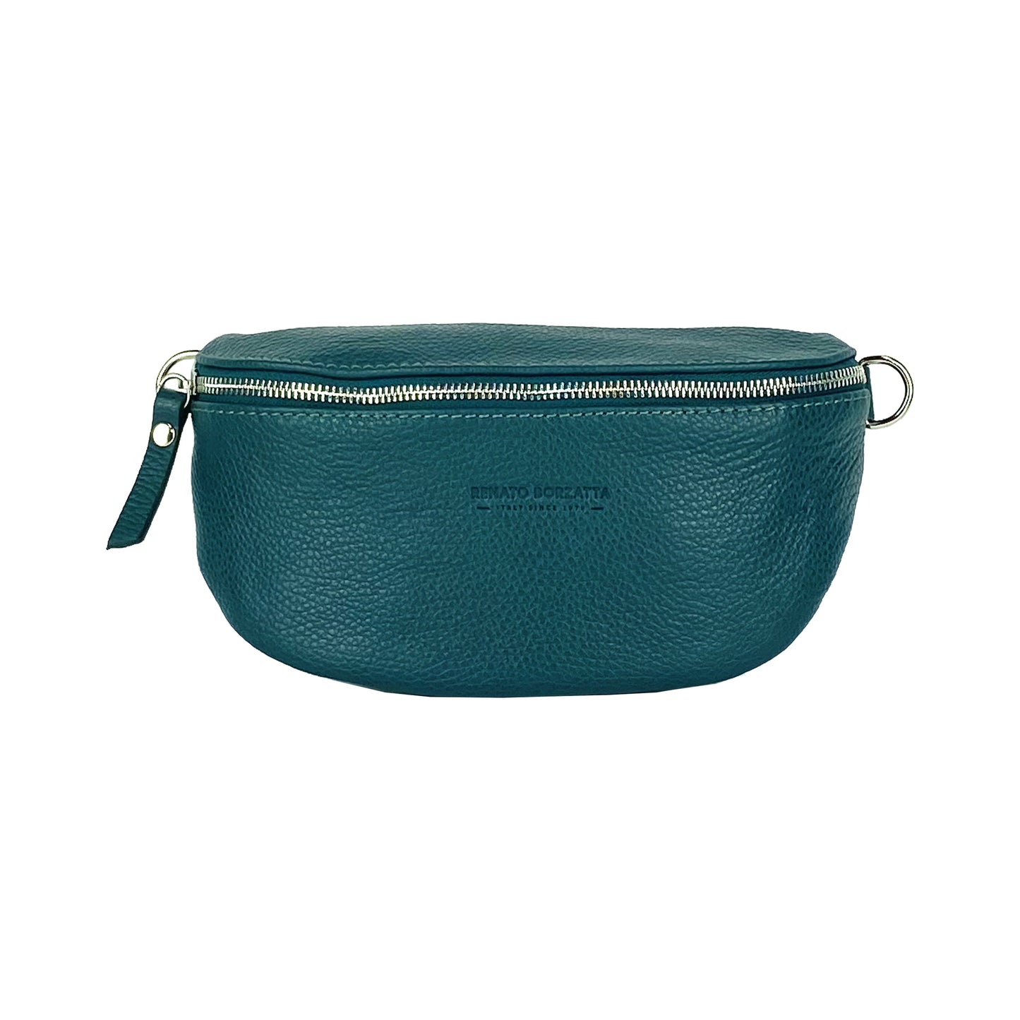 RB1015BZ | Marsupio con tracolla removibile in Vera Pelle Made in Italy. Attacchi con moschettoni in metallo Nickel Lucido - Colore Ottanio - Dimensioni: 24 x 14 x 7-1