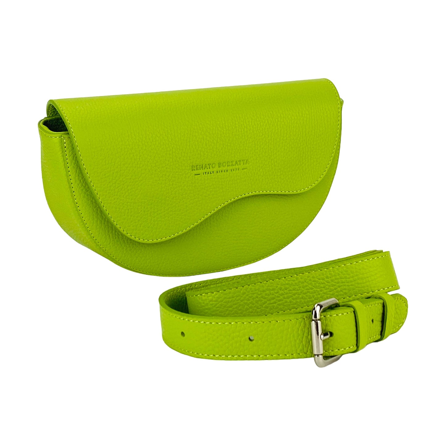 RB1027AD | Borsa Donna a Bandoliera stondata in Vera Pelle Made in Italy. Tracolla removibile e regolabile in pelle. Accessori Nickel Lucido - Colore Lime - Dimensioni: cm 25 x 15 x 9-0
