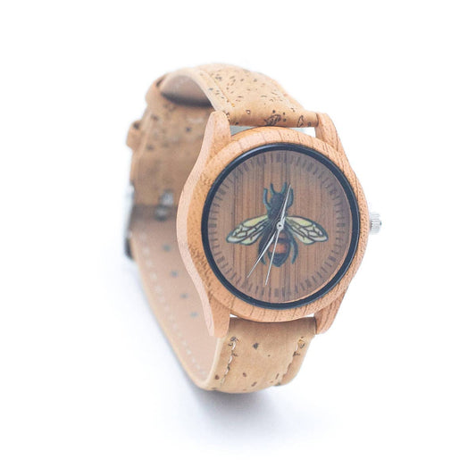 Vintage Ladies Watch with Natural Cork Strap and Bee Pattern Dial WA-303-0