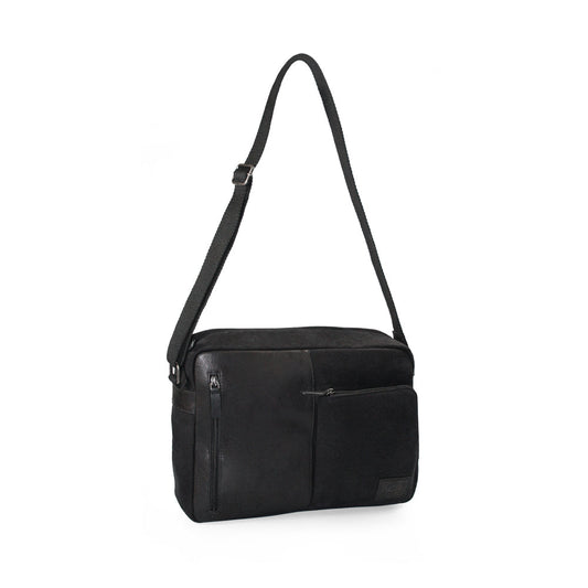 K0022AB | Messenger in Canvas/Vera Pelle, pieno fiore, volanata - Colore Nero. Accessori Nickel Anticato, Chiusura superiore con lampo. Dimensioni: cm 35 x 26 x 10. Confezione: Sacchetto Tnt-1