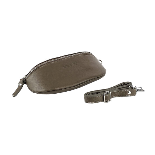 RB1015AQ | Marsupio con tracolla removibile in Vera Pelle Made in Italy. Attacchi con moschettoni in metallo Nickel Lucido - Colore Taupe - Dimensioni: 24 x 14 x 7-0