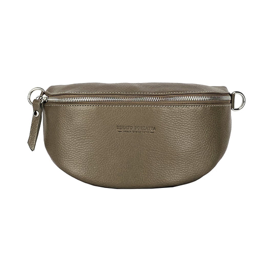 RB1015AQ | Marsupio con tracolla removibile in Vera Pelle Made in Italy. Attacchi con moschettoni in metallo Nickel Lucido - Colore Taupe - Dimensioni: 24 x 14 x 7-1