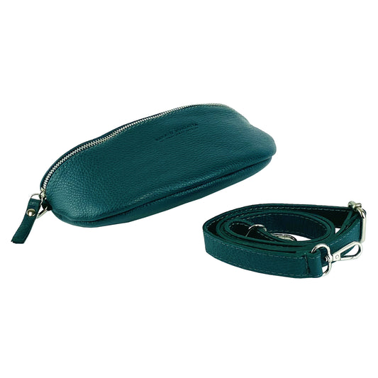 RB1015BZ | Marsupio con tracolla removibile in Vera Pelle Made in Italy. Attacchi con moschettoni in metallo Nickel Lucido - Colore Ottanio - Dimensioni: 24 x 14 x 7-0