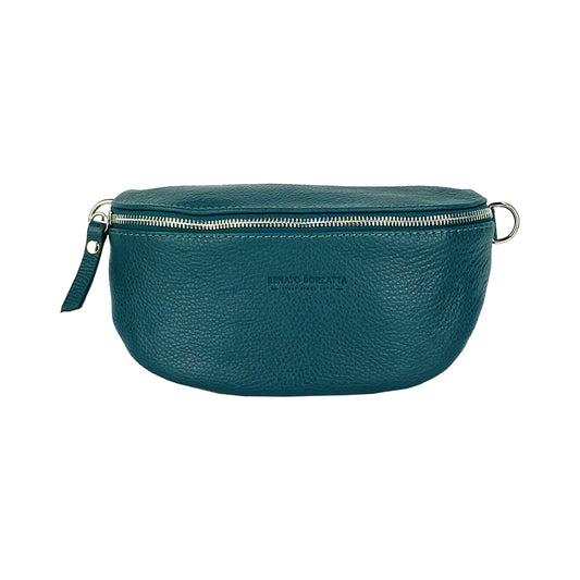 RB1015BZ | Marsupio con tracolla removibile in Vera Pelle Made in Italy. Attacchi con moschettoni in metallo Nickel Lucido - Colore Ottanio - Dimensioni: 24 x 14 x 7-1