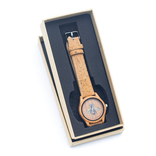 Vintage Ladies Watch with Natural Cork Strap and Bee Pattern Dial WA-303-1